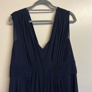 Fame and Partners navy chiffon style midi summer wedding guest gown with slit